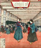 Silk was a major manufacturing industry in Meiji Japan. At the time of this 1890 print, the process was still semi-automated, with silk reeling by hand the norm.