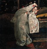Breitner was one of several European artists in the late 19th century who was intrigued by the East, Orientalism, or in this case, 'Japanism'. Breitner painted several canvases of girls in kimonos.
The model appears relaxed but seductive. The studio is furnished with Eastern rugs and, behind the bed, a traditional Japanese screen.