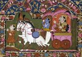This famous scene from Hindu mythology features the god Krishna with his cousin, Prince Arjuna, on a chariot heading into war against each other.
Taken from the scripture, 'Bhagavad Gita', or 'The Gita', it is a classic tale of duty and morality set around Krishna's defeat of Arjuna in the Kurukshetra War. 
Krishna also appears in various other events in the Hindu epic 'Mahabharata'. He is usually depicted as blue skinned, and is often portrayed as a mischievous young boy playing a flute.