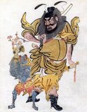 Zhong Kui (Wade-Giles: Chung Kwei, Japanese: Shōki) is a figure of Chinese mythology. Traditionally regarded as a vanquisher of ghosts and evil beings, and reputedly able to command 80,000 demons, his image is often painted on household gates as a guardian spirit, as well as in places of business where high-value goods are involved.<br/><br/>

Zhong Kui's popularity in folklore can be traced to the reign of Emperor Xuanzong of Tang (712 to 756). According to Song Dynasty sources, once the Emperor Xuanzong was gravely ill. He had a dream in which he saw two ghosts. The smaller of the ghosts stole a purse from imperial consort Yang Guifei and a flute belonging to the emperor. The bigger ghost, wearing the hat of an official, captured the smaller ghost, tore out his eye and ate it. The bigger ghost then introduced himself as Zhong Kui. He said that he had sworn to rid the empire of evil. When the emperor awoke, he had recovered from his illness. So he commissioned the court painter Wu Daozi to produce an image of Zhong Kui to show to the officials. This was highly influential to later representations of Zhong Kui.