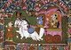 India: Krishna and Arjuna on a chariot—from an 18th - 19th-century Indian carpet.
